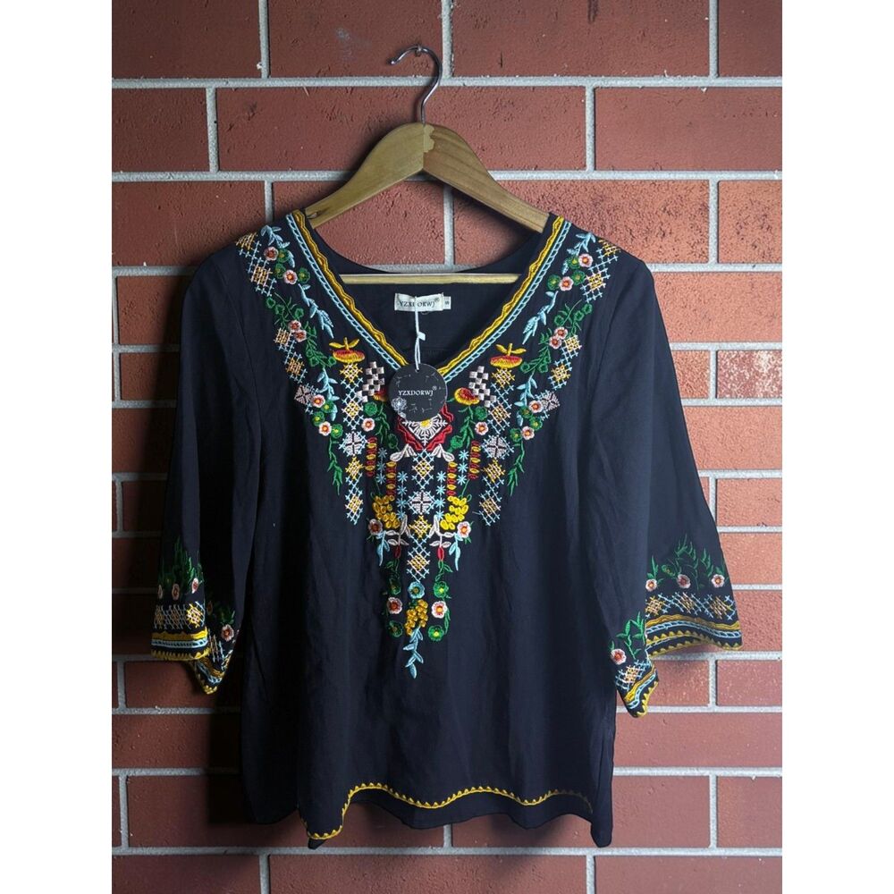 YZXDORWJ Women's Black Floral Embroidered Boho Blouse Size Small